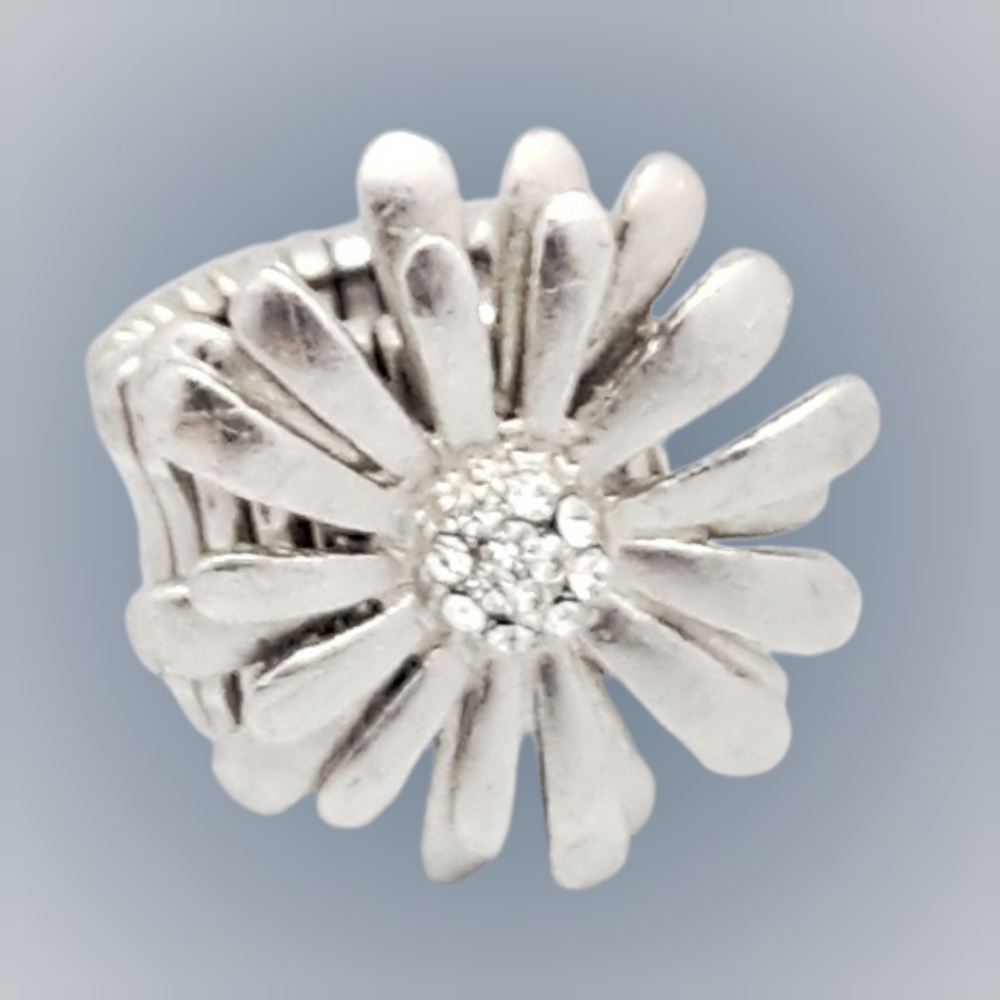Silver Tone Floral Stretch Ring with Clear Rhinestone Center | NWOT